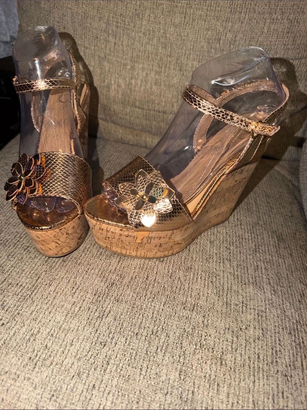 Womens Bakers Brown Cork Wedge Sandals with Gold Snakeskin Textured Straps size8